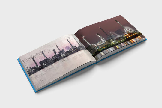 photo book about oil refinery. oil refinery sketch on white background.