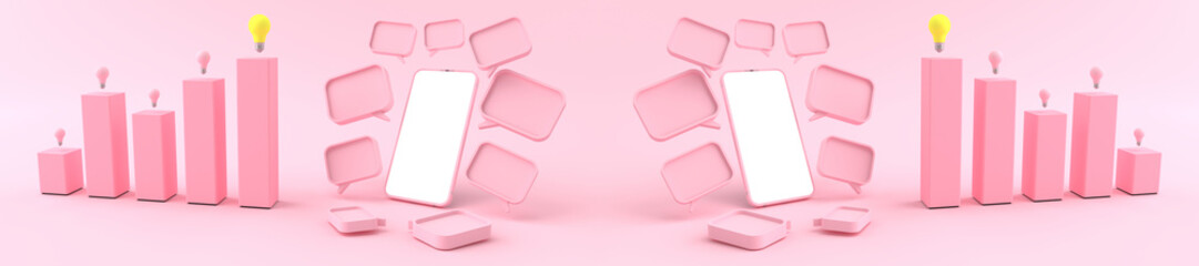3D rendering of mockup pink smartphone white screen opposite of Mock up of pink bar chart sort high low there is a light bulb on top. Smartphone white screen can be used for commercial advertising.