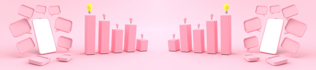 3D rendering of mockup pink smartphone white screen opposite of Mock up of pink bar chart sort high low there is a light bulb on top. Smartphone white screen can be used for commercial advertising.