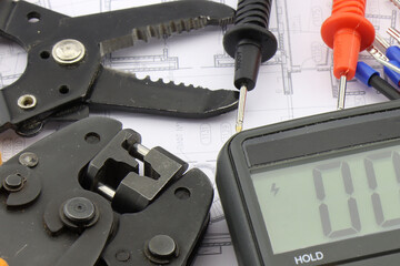 Mounting tools for the installation of an electric panel in close-up.