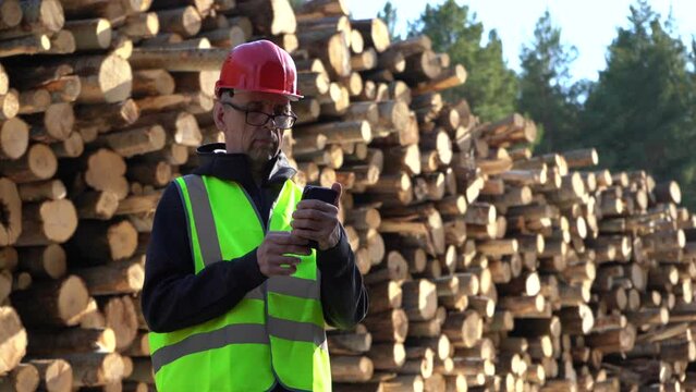 A worker in overalls stands next to a warehouse of logs harvested for woodworking 