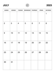 July 2023 year planner template, calendar 2023 desgin, monthly and yearly planners. organizer diary. week start Sunday, corporate planner template, Desk calendar 2023, vertical layout, vector