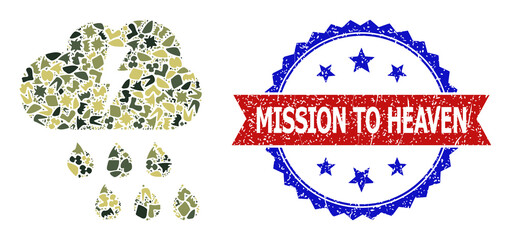 Military camouflage composition of thunderstorm icon, and bicolor scratched Mission to Heaven seal. Vector seal with Mission to Heaven title inside red ribbon and blue rosette, grunge bicolored style.