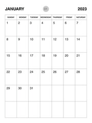 January 2023 year planner template, calendar 2023 desgin, monthly and yearly planners. organizer diary. week start Sunday, corporate planner template, Desk calendar 2023, vertical layout, vector