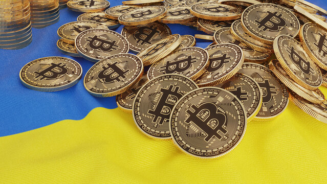 BTC Bitcoins on Ukraine Flag, 3D Illustration, 3D Render