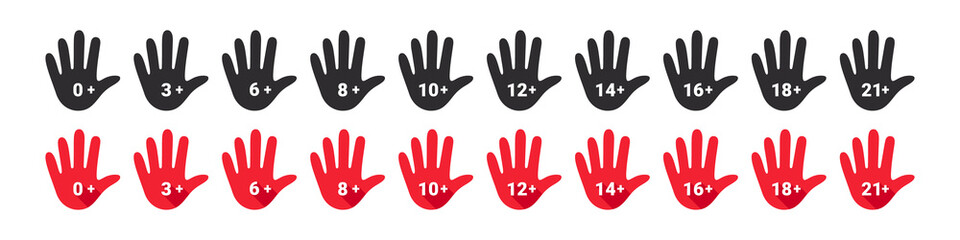 Fototapeta na wymiar Age restriction icons set. Mark age limit. Hand with age restriction. Vector icons