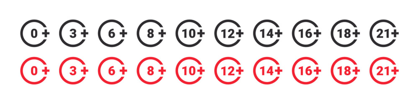 Age restriction signs. Mark age limit. Recommended age limit. Vector icons