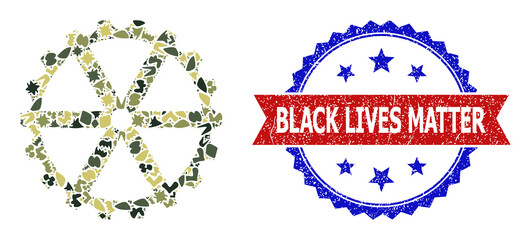 Military camouflage collage of clock wheel icon, and bicolor textured Black Lives Matter seal stamp. Vector seal with Black Lives Matter title inside red ribbon and blue rosette,