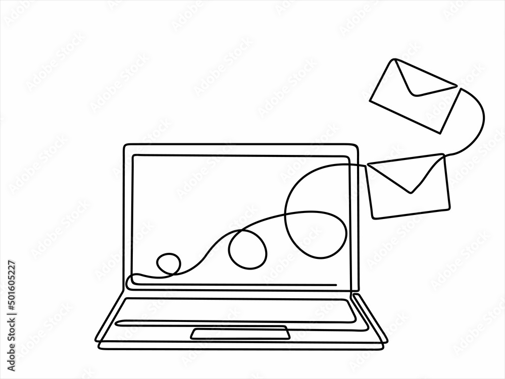 Poster laptop and envelopes e mail list building illustration continuous one line art illustration. can use