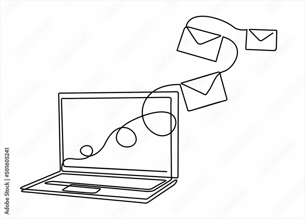 Poster laptop and envelopes e mail list building illustration continuous one line art illustration. can use