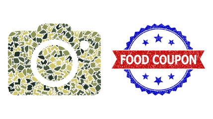 Military camouflage mosaic of photo camera icon, and bicolor scratched Food Coupon watermark. Vector seal with Food Coupon caption inside red ribbon and blue rosette, grunge bicolored style.