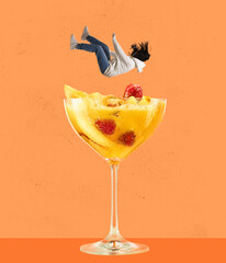 Contemporary art collage. Young woman falling into refreshing tasty cocktail with fruity taste...