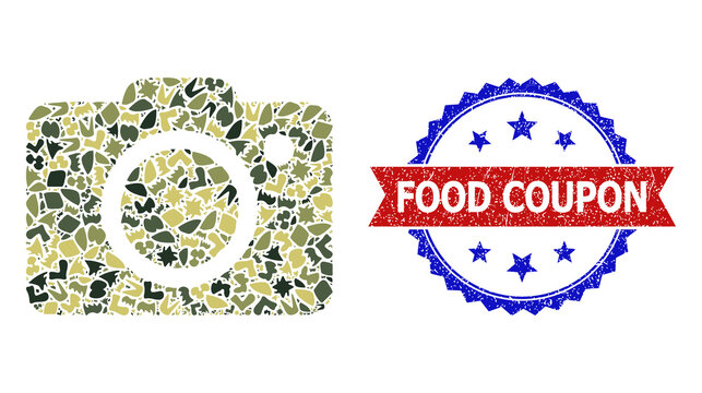 Military camouflage mosaic of photo camera icon, and bicolor scratched Food Coupon watermark. Vector seal with Food Coupon caption inside red ribbon and blue rosette, grunge bicolored style.