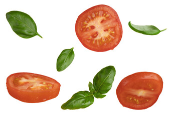 set of sliced tomatoes and basil