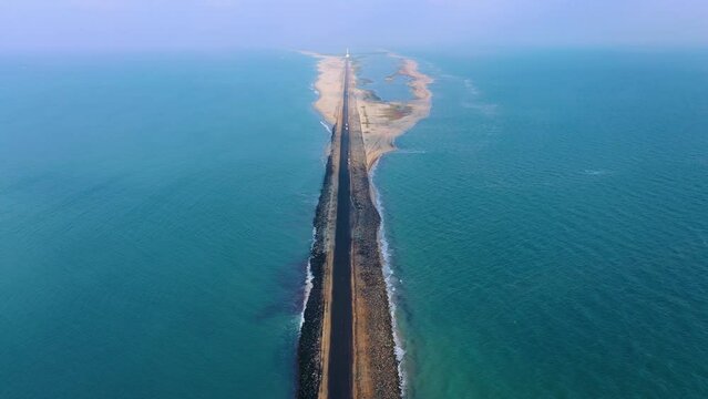 Dhanushkodi from above, full view of road through the sea