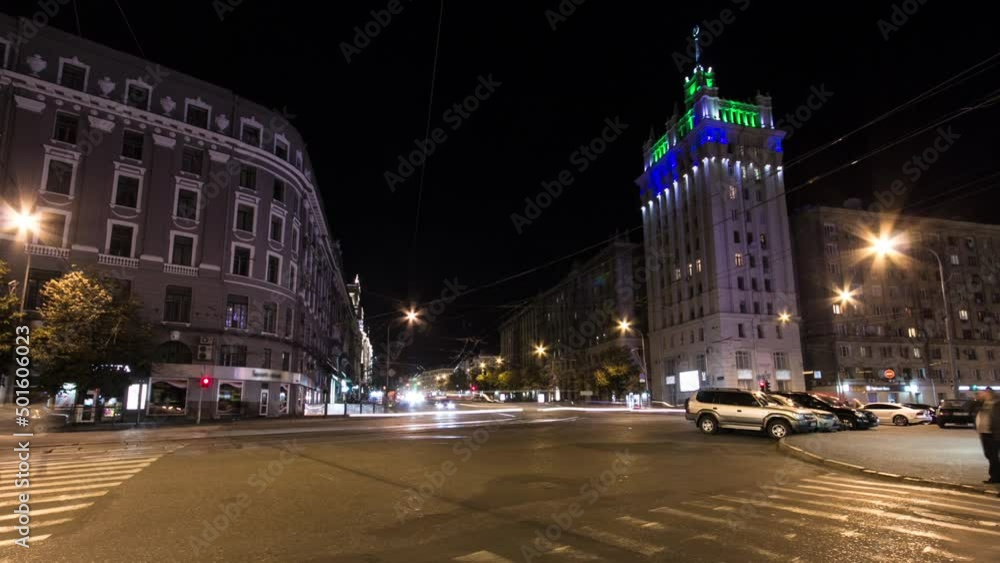 Canvas Prints house with a spire on the square of the constitution night timelapse.