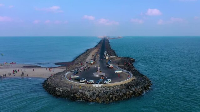 Flying low over Dhanushkodi sea road - Drone view