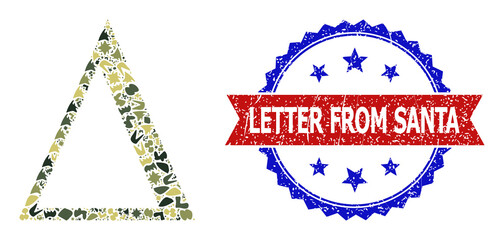 Military camouflage mosaic of Delta Greek letter icon, and bicolor dirty Letter from Santa seal stamp. Vector imprint with Letter from Santa caption inside red ribbon and blue rosette,