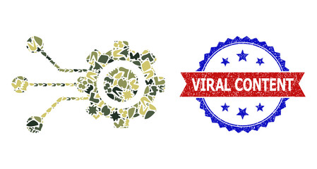 Military camouflage mosaic of gear connectors icon, and bicolor scratched Viral Content seal stamp. Vector seal with Viral Content title inside red ribbon and blue rosette, grunge bicolored style.