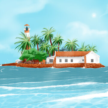tropical island with palm trees, house on sea and sky blue. summer vacation or holiday site 