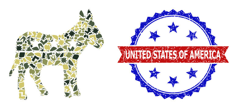 Military camouflage composition of democratic donkey icon, and bicolor dirty United States of America stamp. Vector seal with United States of America tag inside red ribbon and blue rosette,