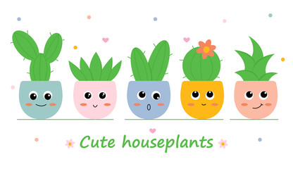 Set of cute cacti in pots in cartoon style with different fun emotions. Vector illustration