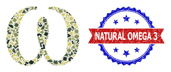 Military camouflage collage of Omega Greek lowercase letter icon, and bicolor dirty Natural Omega 3 seal stamp. Vector seal with Natural Omega 3 title inside red ribbon and blue rosette,