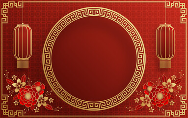 Chinese frame background red and gold color with asian elements.