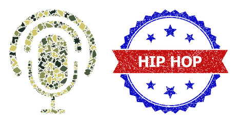 Military camouflage mosaic of podcast icon, and bicolor rubber Hip Hop seal. Vector seal with Hip Hop tag inside red ribbon and blue rosette, distress bicolored style.