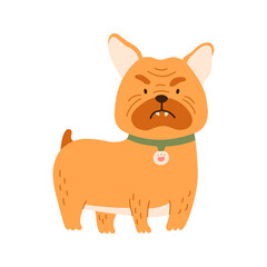 Obraz na płótnie Canvas Cute little sitting and smiling dog bulldog. Funny cartoon dog pet, isolated vector illustration for print, game, party, kids design.