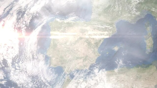 Earth zoom in from outer space to city. Zooming on Getafe, Spain. The animation continues by zoom out through clouds and atmosphere into space. Images from NASA