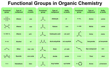 Functional Groups in Organic Chemistry. Colorful Symbols. Vector Illustration. - obrazy, fototapety, plakaty