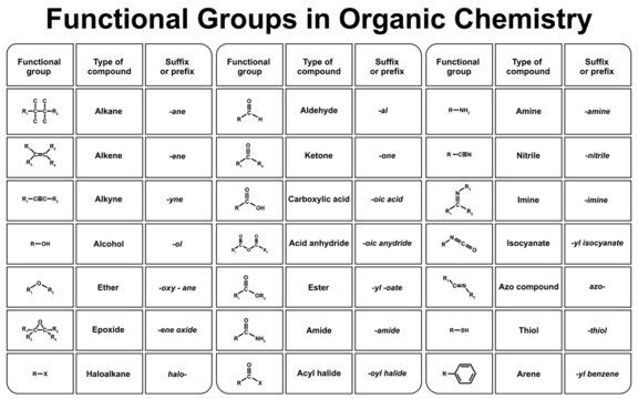 Functional Groups in Organic Chemistry.. Vector Illustration.