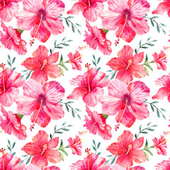 Fototapeta na wymiar Tropical seamless pattern with watercolor botany. Pink hibiscus flowers and green branches. Floral background for fabric, wallpaper, wrapping paper