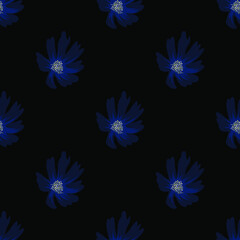 Dark blue flower isolated on black background is in Seamless pattern - vector illustration