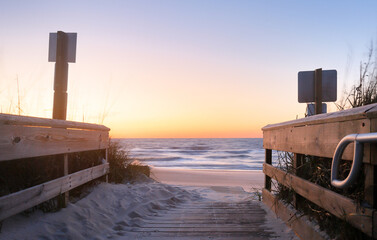 The entrance of the Kure Beach at sunrise, Kure Beach, North Carolina, USA. Kure beach is the home...