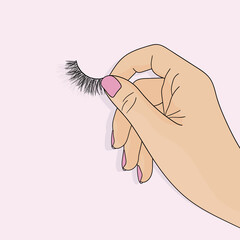 Woman holding false eyelashes in hand vector illustration