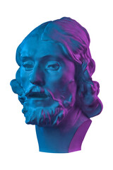 Colorful gypsum copy of ancient statue of John the Baptist head for artists isolated on a white background. Plaster sculpture man face. John baptized Jesus. Art poster in purple and blue bright colors