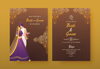 Indian Wedding Card or Invitation Card Template for Hindu Customs Wedding with Bride and Groom Character Illustrations