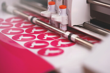 plotting machine makes multiple stickers with peace dove symbol from pink adhesive foil. view over...