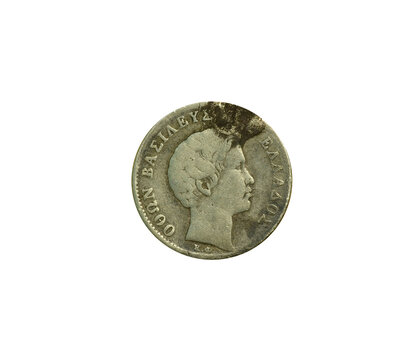 &frac12; Drachmai coin made by Greece, that shows portrait of king Othon