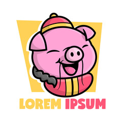 CUTE PIG IS WEARING CHINESE CLOTHING CARTOON MASCOT DESIGN