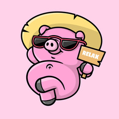 A CUTE RELAXED PIG IS WEARING SUNGLASSES AND A HAT CARTOON ILLUSTRATION