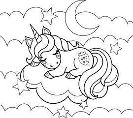 Cute unicorn sleeping on a pink cloud. Vector outline for coloring page