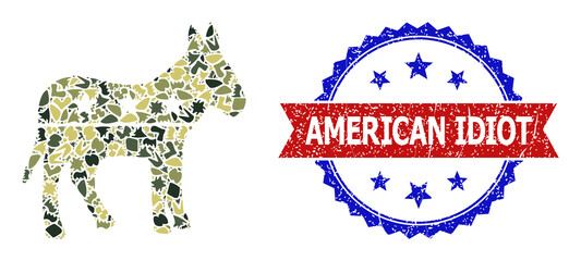 Military camouflage composition of republican donkey icon, and bicolor unclean American Idiot watermark. Vector imprint with American Idiot text inside red ribbon and blue rosette,