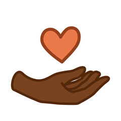 A Human Hand of Dark Skin color with a Heart. Vector Illustration in Cartoon style isolated on a white background. Love concept for Valentine's day, taking care of yourself and others.