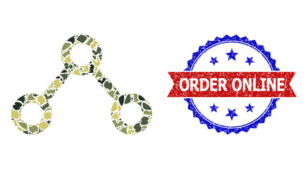Military camouflage combination of connections icon, and bicolor scratched Order Online seal stamp. Vector seal with Order Online caption inside red ribbon and blue rosette, grunge bicolored style.