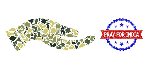 Military camouflage mosaic of petition palm icon, and bicolor grunge Pray for India seal. Vector imprint with Pray for India tag inside red ribbon and blue rosette, scratched bicolored style.