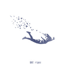 Falling girl. Flying birds. Freedom concept. Isolated blue silhouette