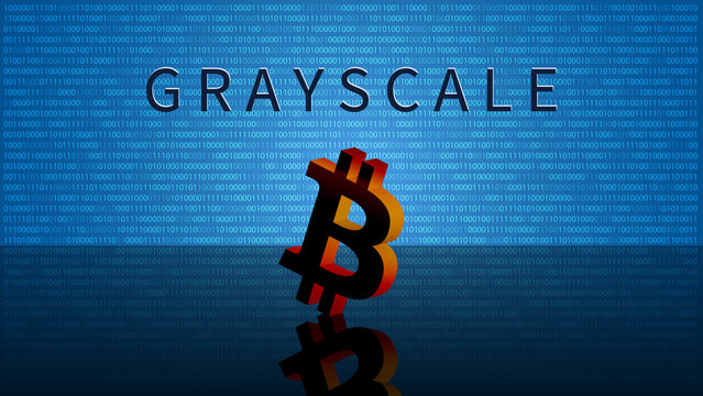 Banner of Grayscale Corporation with Bitcoin BTC symbol on blue background. Leader company buying bitcoins and other digital currencies and pushing the market upwards.